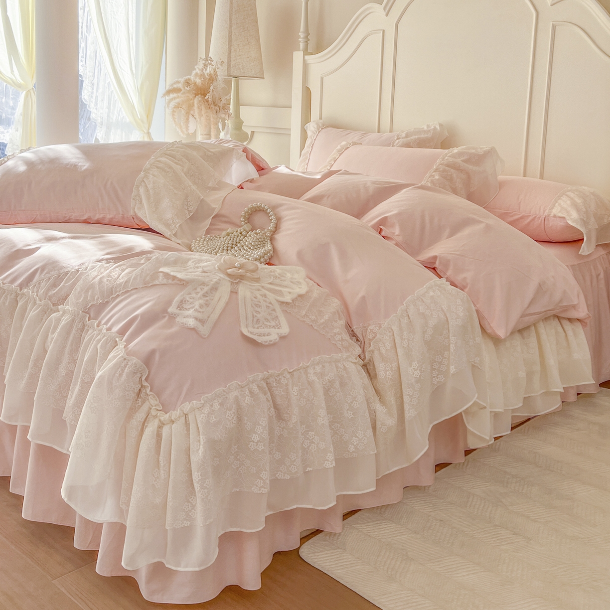 91家纺网 家纺一手货源 找家纺 （总）亲亲公主 2026新款全棉蕾丝四件套-奶油泡芙（赠送蝴蝶结）券后不低于298