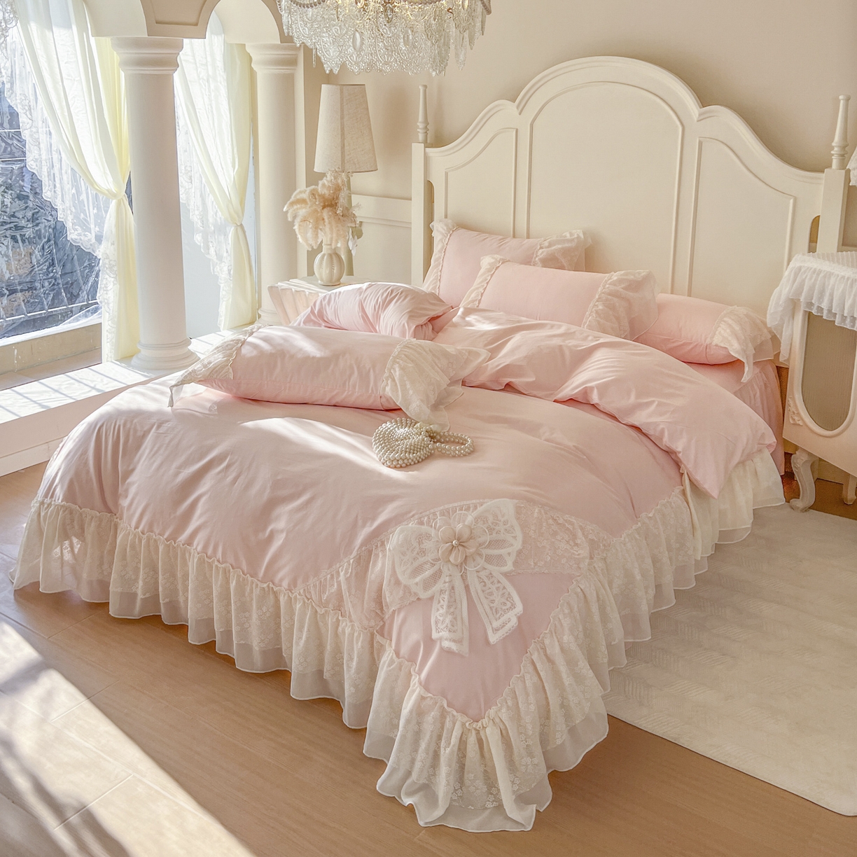 91家纺网 家纺一手货源 找家纺 （总）亲亲公主 2026新款全棉蕾丝四件套-奶油泡芙（赠送蝴蝶结）券后不低于298