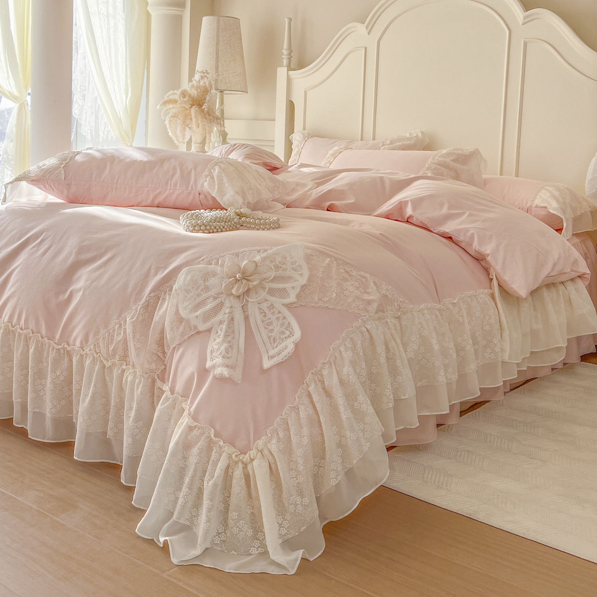 91家纺网 家纺一手货源 找家纺 （总）亲亲公主 2026新款全棉蕾丝四件套-奶油泡芙（赠送蝴蝶结）券后不低于298