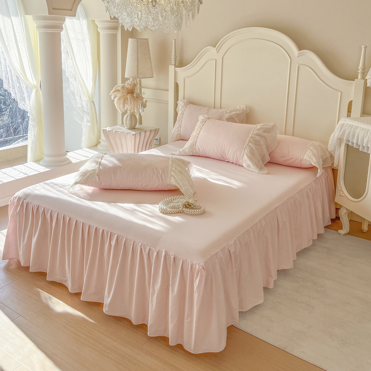 91家纺网 家纺一手货源 找家纺 亲亲公主 2026新款全棉蕾丝四件套-奶油泡芙（赠送蝴蝶结）券后不低于298 奶油泡芙-粉色