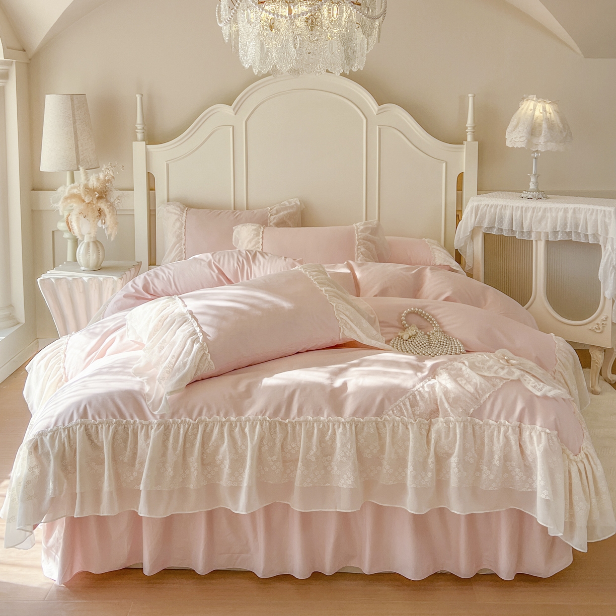 91家纺网 家纺一手货源 找家纺 亲亲公主 2026新款全棉蕾丝四件套-奶油泡芙（赠送蝴蝶结）券后不低于298 奶油泡芙-粉色