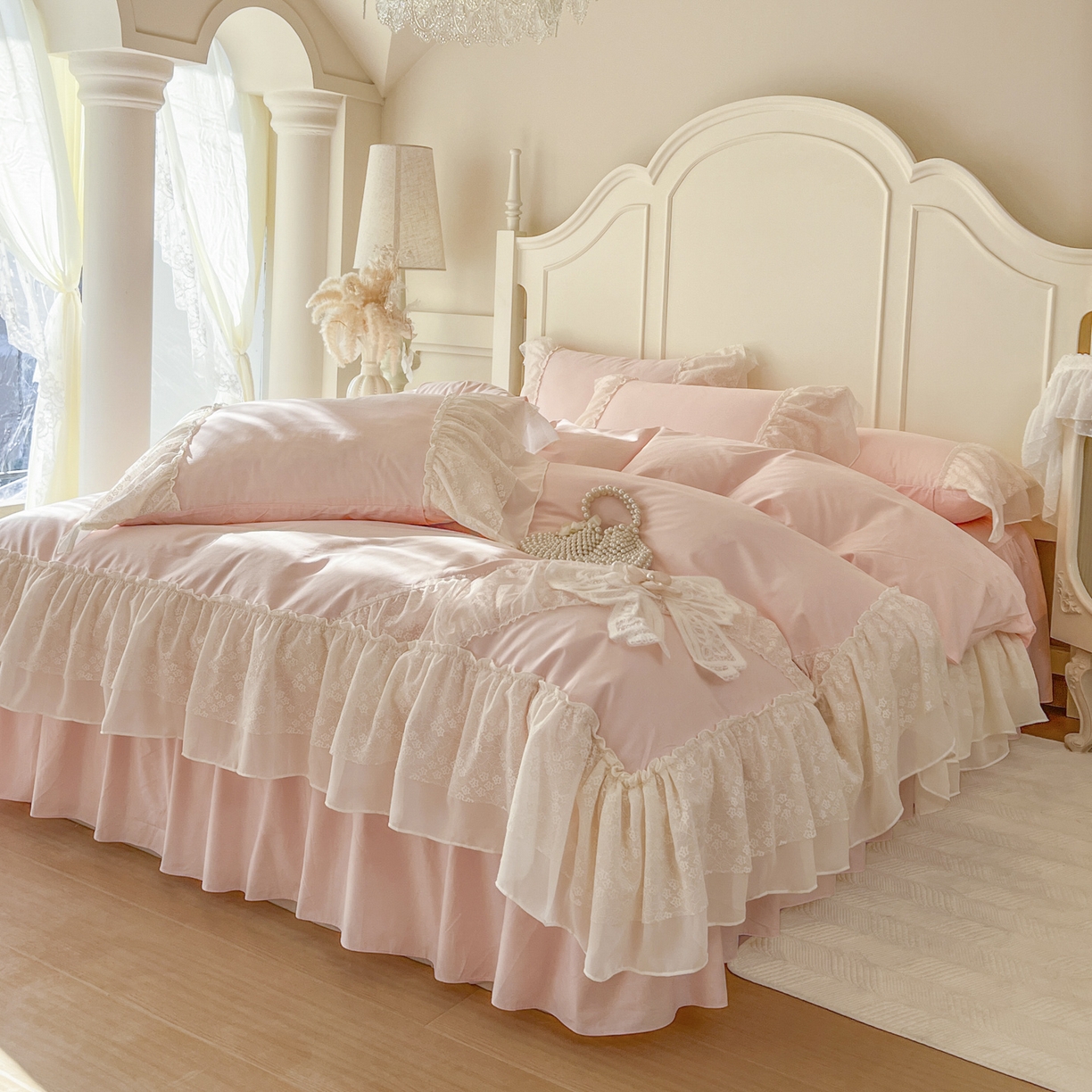 91家纺网 家纺一手货源 找家纺 亲亲公主 2026新款全棉蕾丝四件套-奶油泡芙（赠送蝴蝶结）券后不低于298 奶油泡芙-粉色