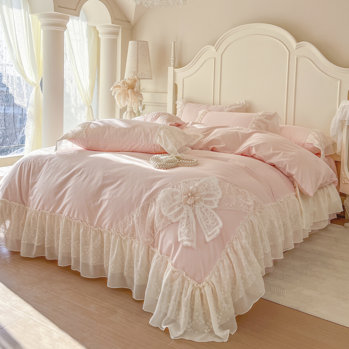 91家纺网 家纺一手货源 找家纺 亲亲公主 2026新款全棉蕾丝四件套-奶油泡芙（赠送蝴蝶结）券后不低于298 奶油泡芙-粉色