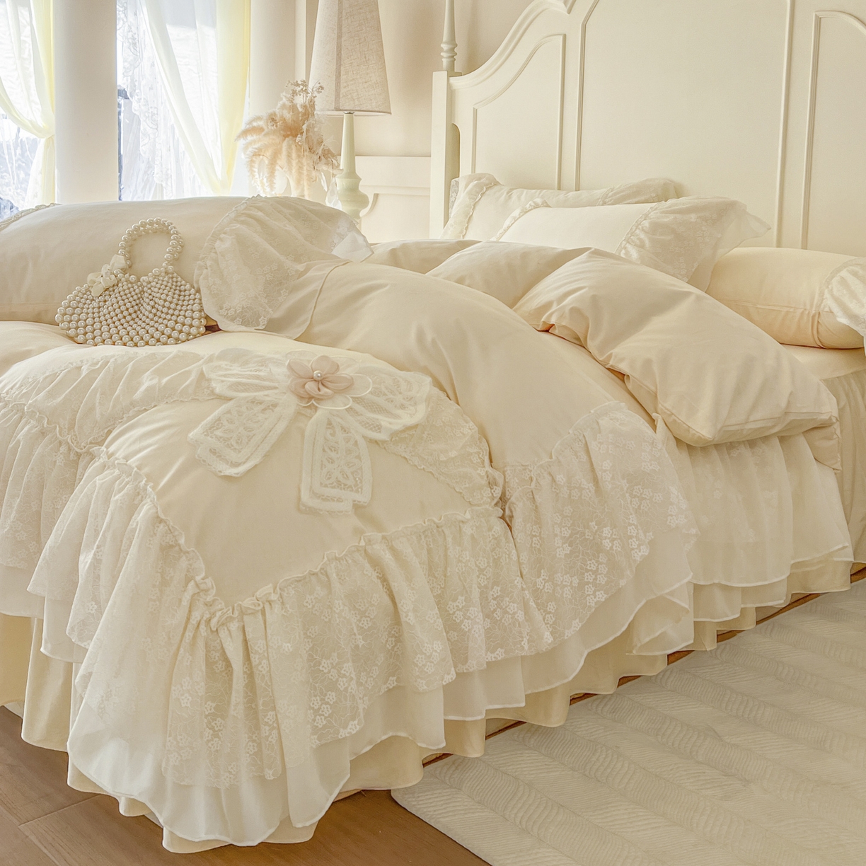 91家纺网 家纺一手货源 找家纺 亲亲公主 2026新款全棉蕾丝四件套-奶油泡芙（赠送蝴蝶结）券后不低于298 奶油泡芙-米黄