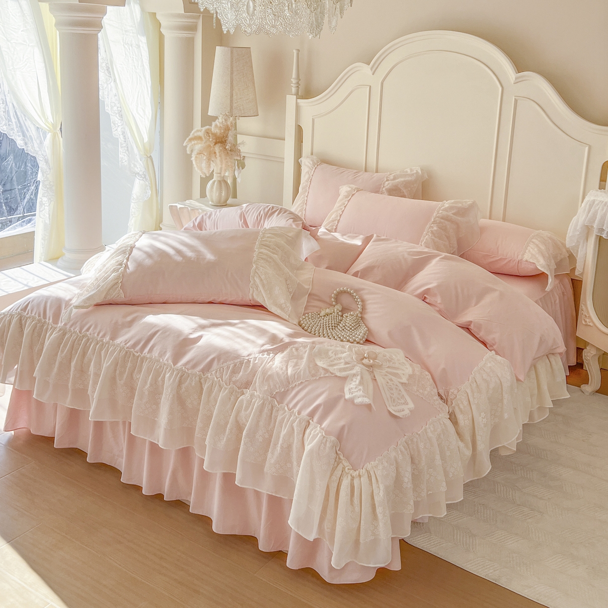 亲亲公主 2026新款全棉蕾丝四件套-奶油泡芙（赠送蝴蝶结）券后不低于298 奶油泡芙-粉色