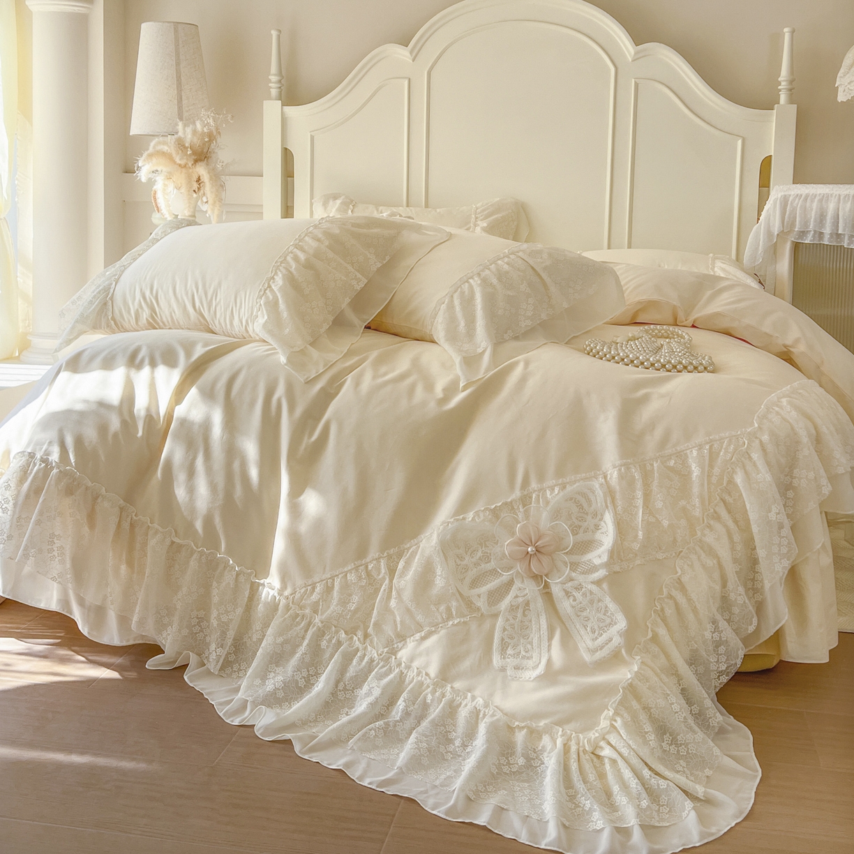 91家纺网 家纺一手货源 找家纺 亲亲公主 2026新款全棉蕾丝四件套-奶油泡芙（赠送蝴蝶结）券后不低于298 奶油泡芙-米黄