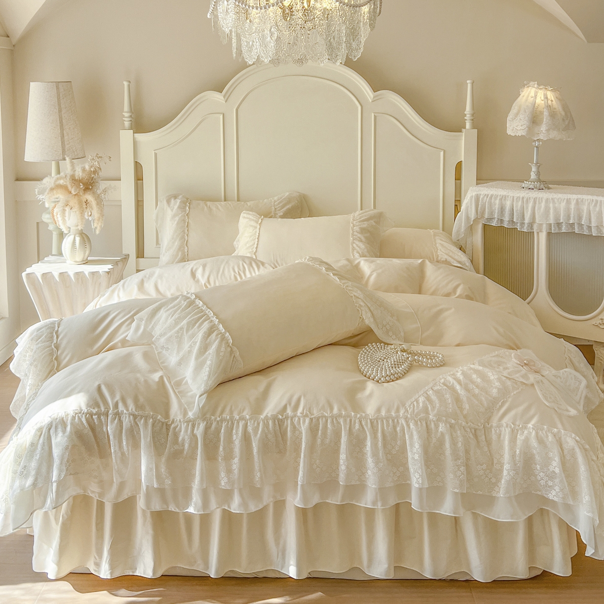 91家纺网 家纺一手货源 找家纺 亲亲公主 2026新款全棉蕾丝四件套-奶油泡芙（赠送蝴蝶结）券后不低于298 奶油泡芙-米黄