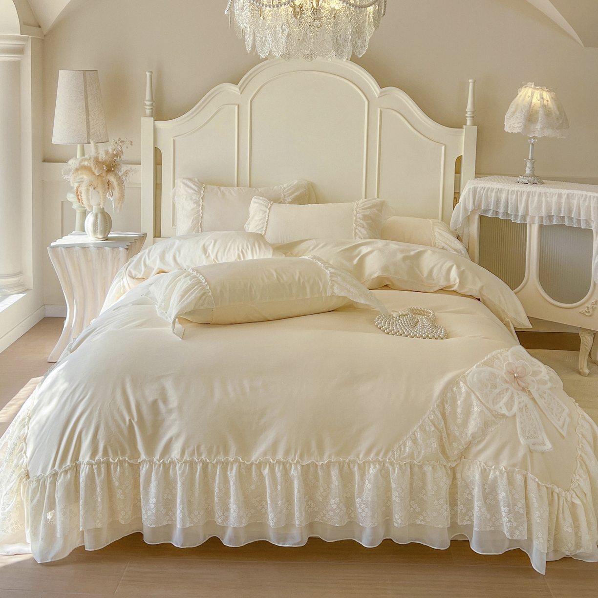 91家纺网 家纺一手货源 找家纺 亲亲公主 2026新款全棉蕾丝四件套-奶油泡芙（赠送蝴蝶结）券后不低于298 奶油泡芙-米黄