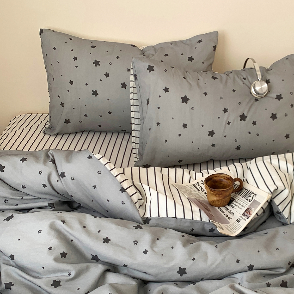 91家纺网 家纺一手货源 找家纺 桃喜 2026春夏新款全棉纯棉ins简约系列四件套（会员-3） 灰星星