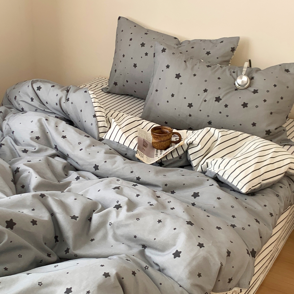91家纺网 家纺一手货源 找家纺 桃喜 2026春夏新款全棉纯棉ins简约系列四件套（会员-3） 灰星星