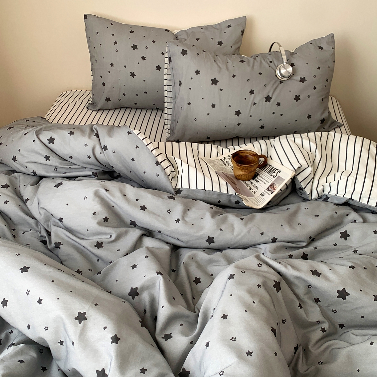 91家纺网 家纺一手货源 找家纺 桃喜 2026春夏新款全棉纯棉ins简约系列四件套（会员-3） 灰星星