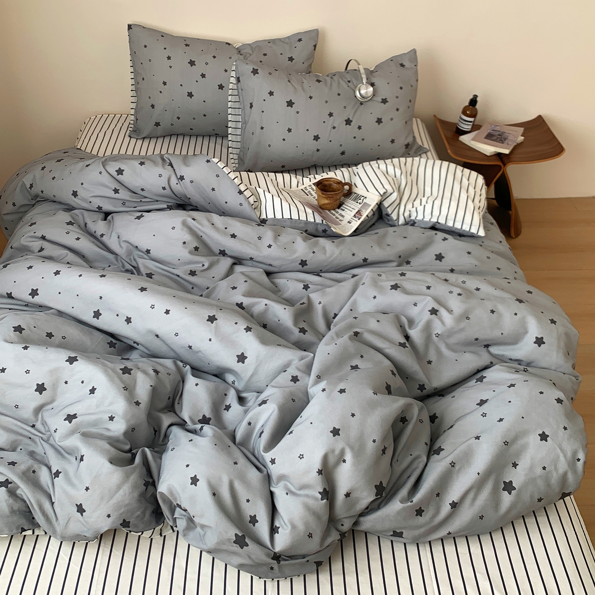 91家纺网 家纺一手货源 找家纺 桃喜 2026春夏新款全棉纯棉ins简约系列四件套（会员-3） 灰星星