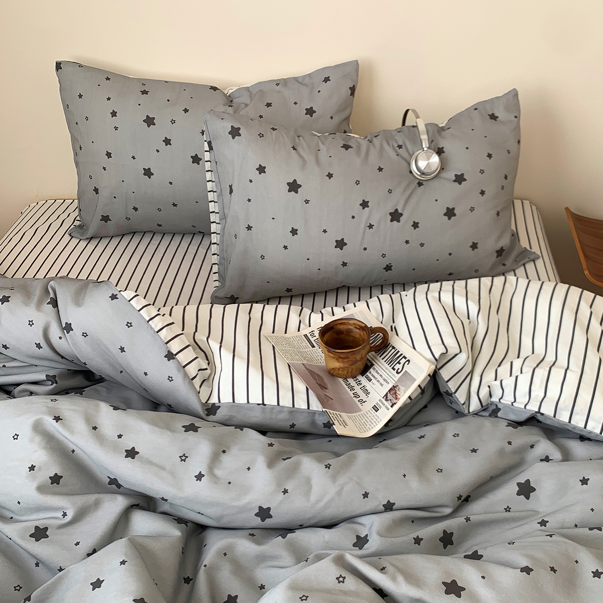 91家纺网 家纺一手货源 找家纺 桃喜 2026春夏新款全棉纯棉ins简约系列四件套（会员-3） 灰星星