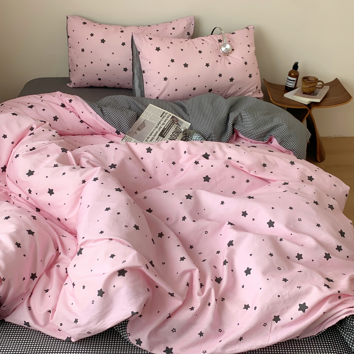 91家纺网 家纺一手货源 找家纺 桃喜 2026春夏新款全棉纯棉ins简约系列四件套（会员-3） 粉星星