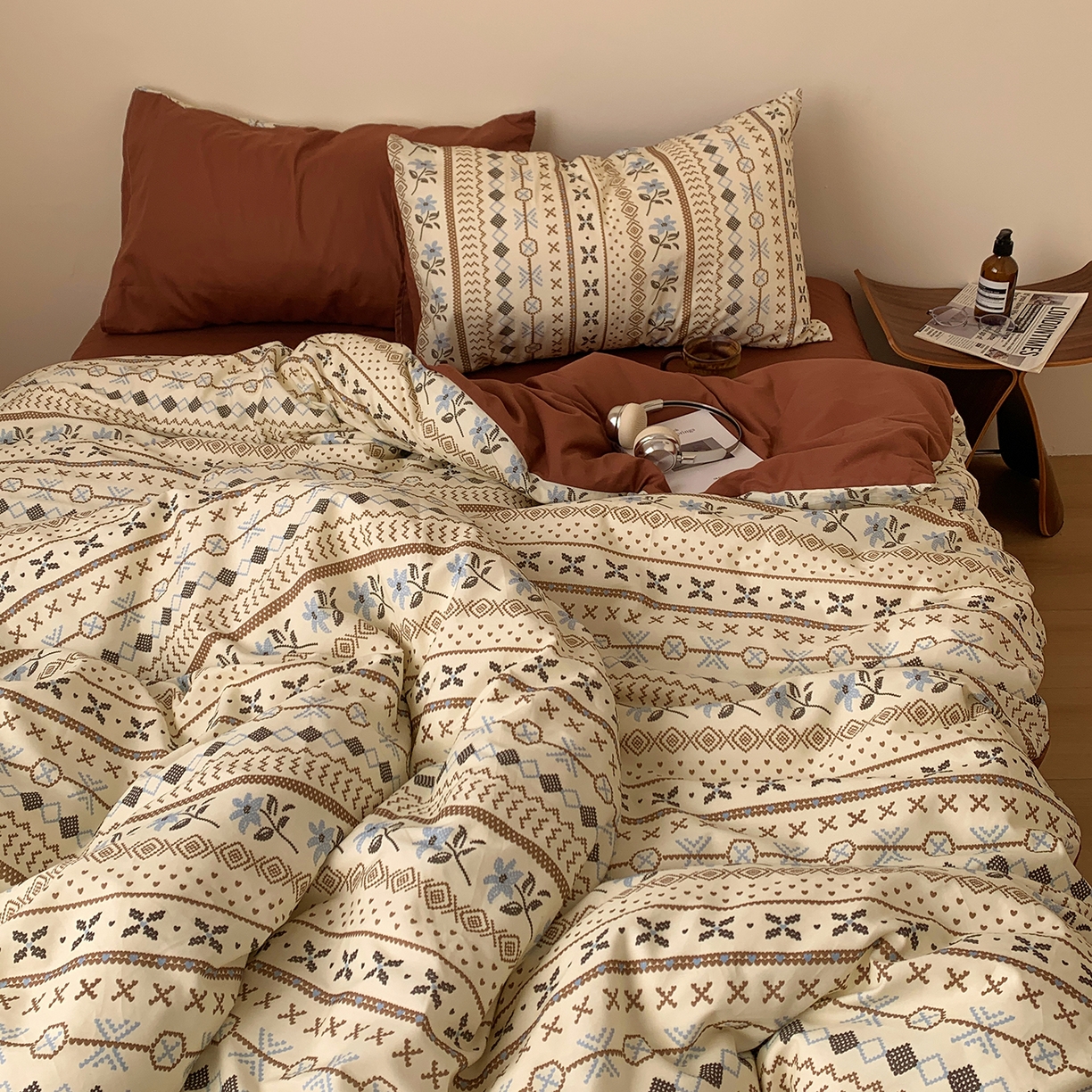 91家纺网 家纺一手货源 找家纺 桃喜 2026春夏新款全棉纯棉ins简约系列四件套（会员-3） 复古费尔岛