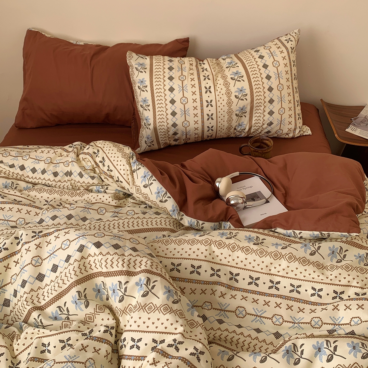 91家纺网 家纺一手货源 找家纺 桃喜 2026春夏新款全棉纯棉ins简约系列四件套（会员-3） 复古费尔岛