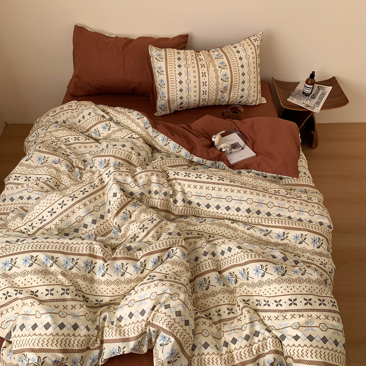 91家纺网 家纺一手货源 找家纺 桃喜 2026春夏新款全棉纯棉ins简约系列四件套（会员-3） 复古费尔岛