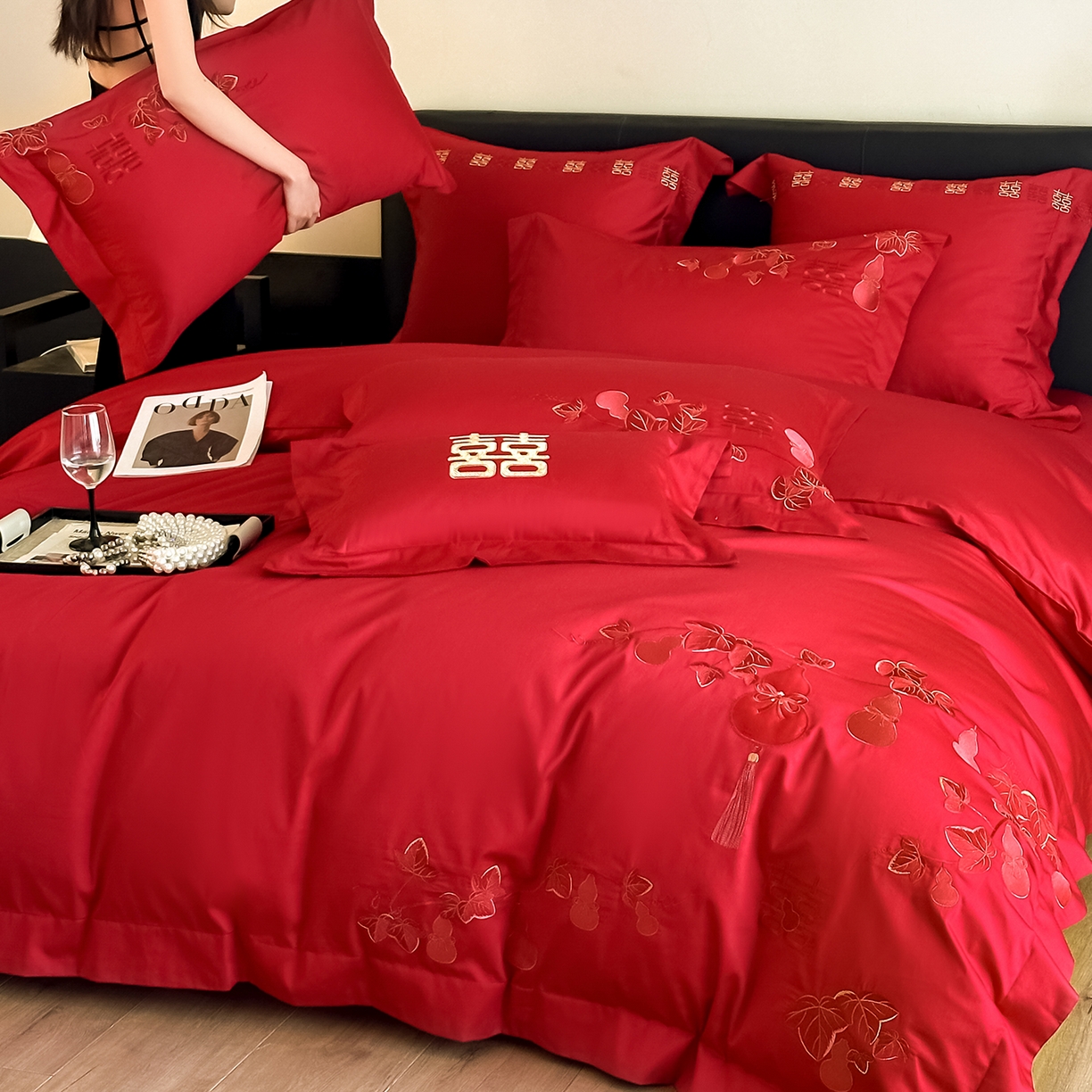 91家纺网 家纺一手货源 找家纺 （总）置顶家纺 2026新款小清新亲肤婚庆绣花四件套