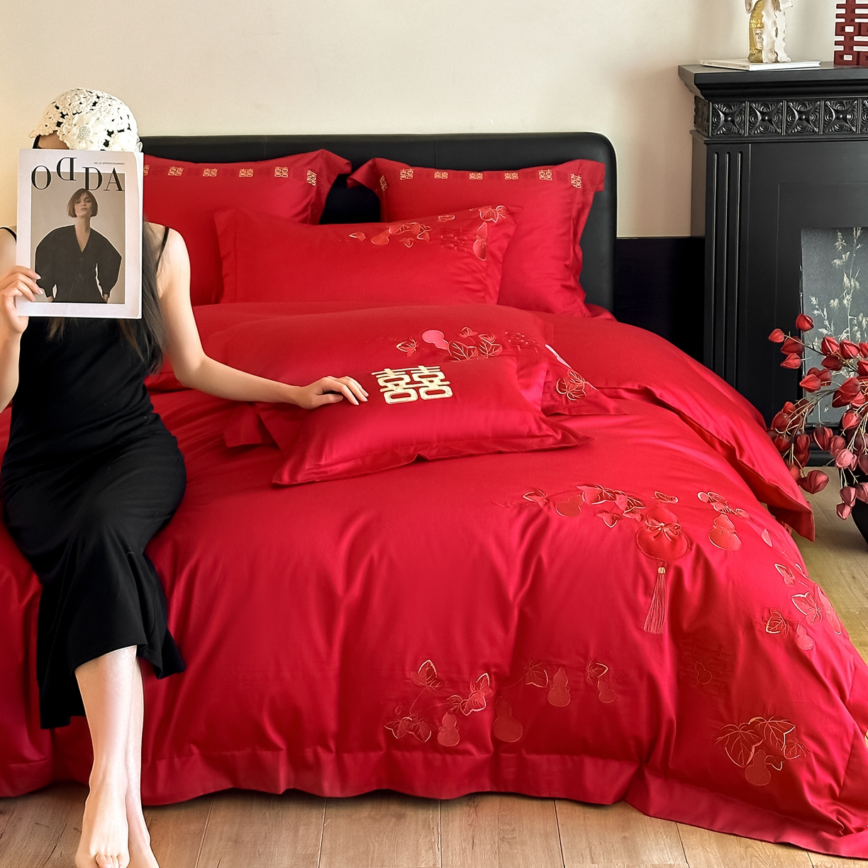 置顶家纺 2026新款小清新亲肤婚庆绣花四件套 福禄相伴-大红