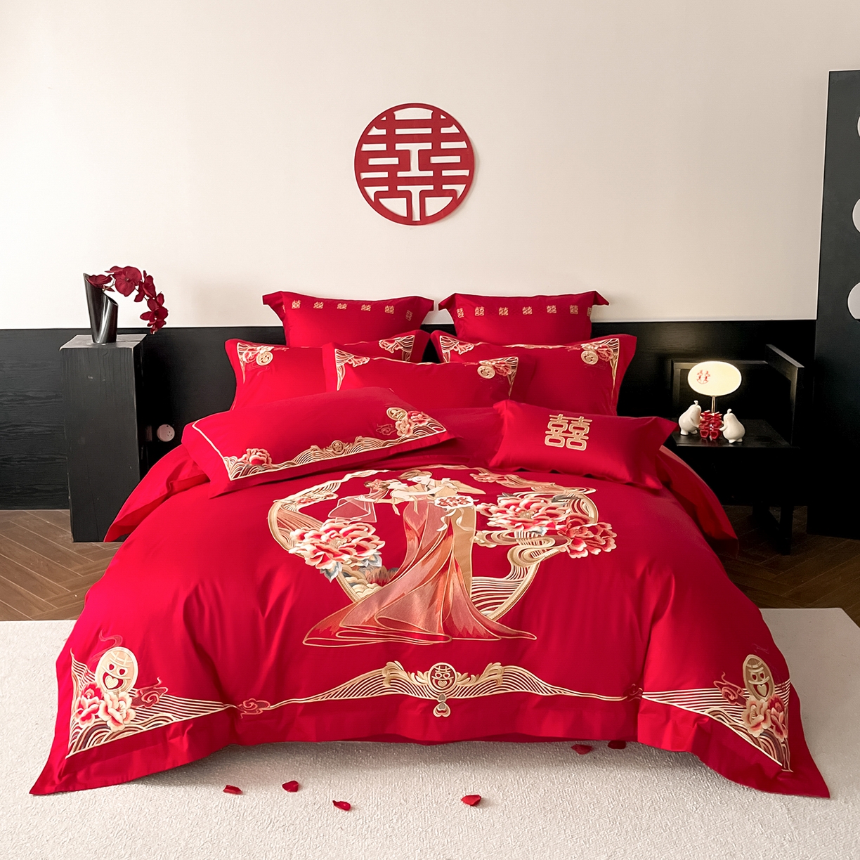 置顶家纺 2026新款新中式亲肤婚庆绣花四件套 浪漫相悦-大红