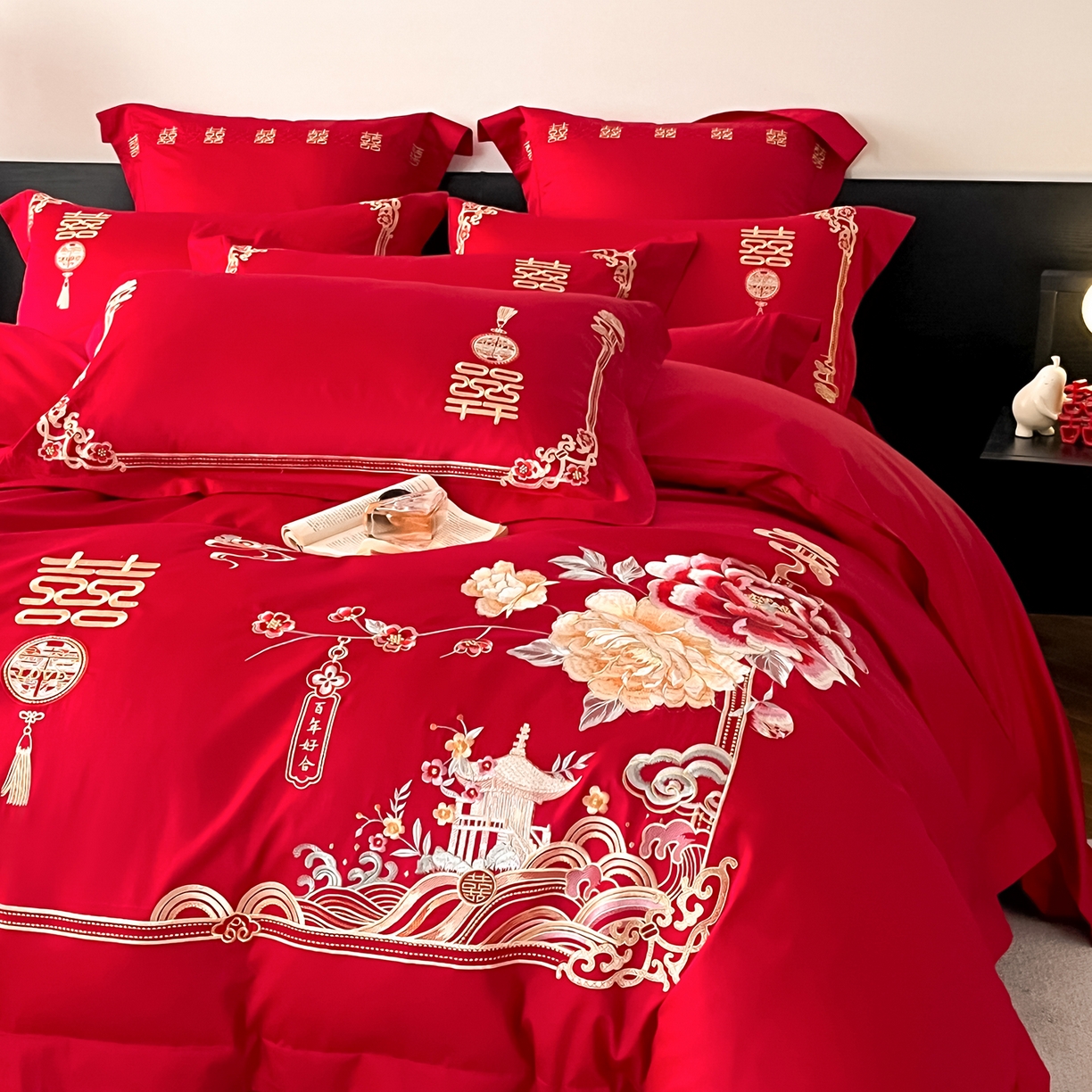 91家纺网 家纺一手货源 找家纺 置顶家纺 2026新款新中式亲肤婚庆绣花四件套 新婚大吉-大红