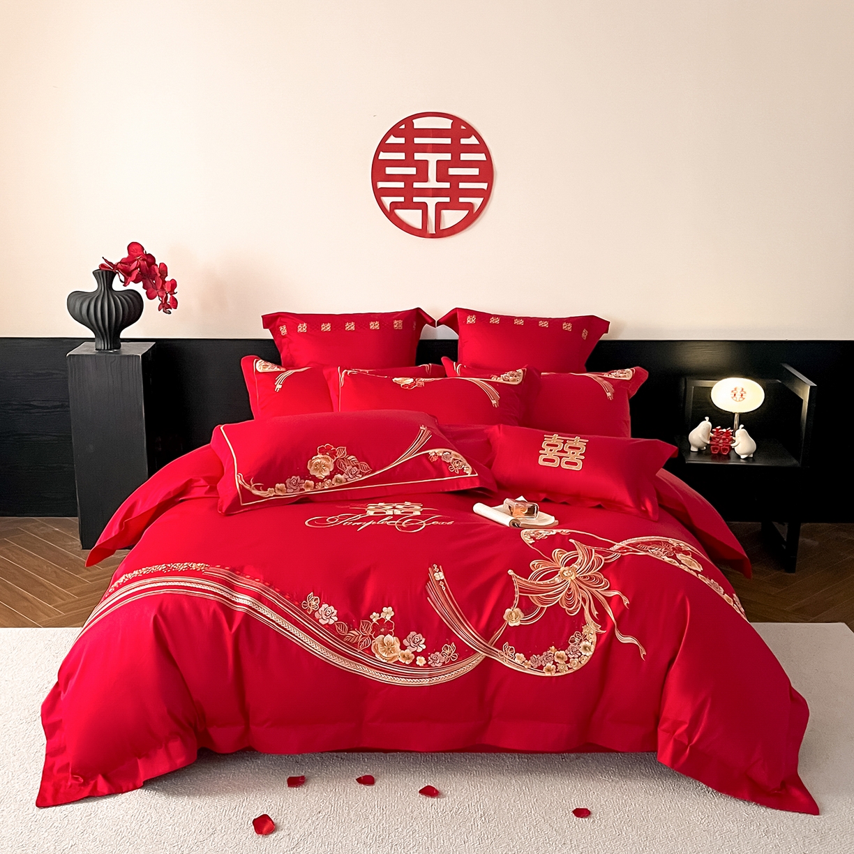置顶家纺 2026新款新中式亲肤婚庆绣花四件套 大喜日子-大红
