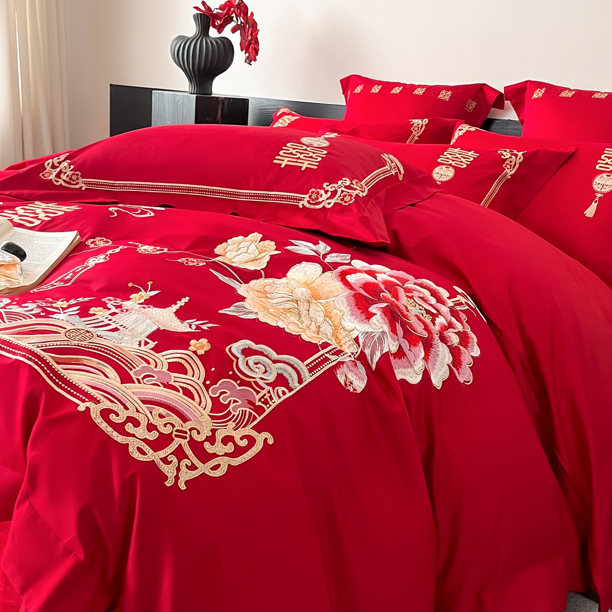 91家纺网 家纺一手货源 找家纺 置顶家纺 2026新款新中式亲肤婚庆绣花四件套 新婚大吉-大红