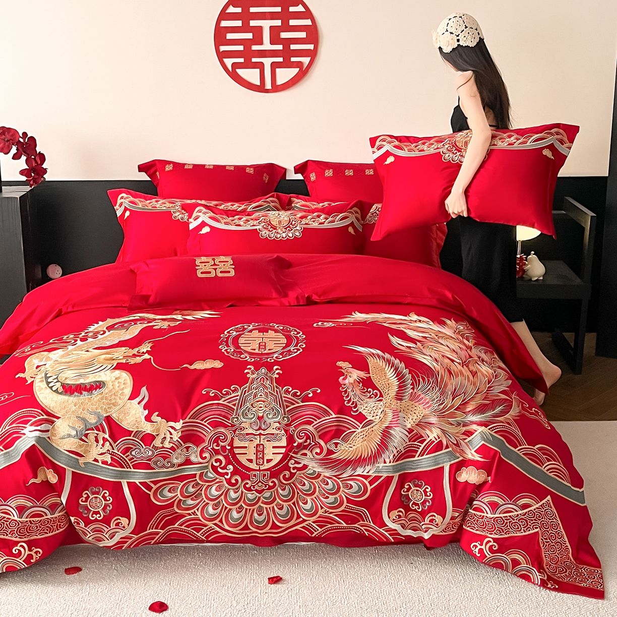 91家纺网 家纺一手货源 找家纺 置顶家纺 2026新款新中式亲肤婚庆绣花四件套 良缘夙缔-大红