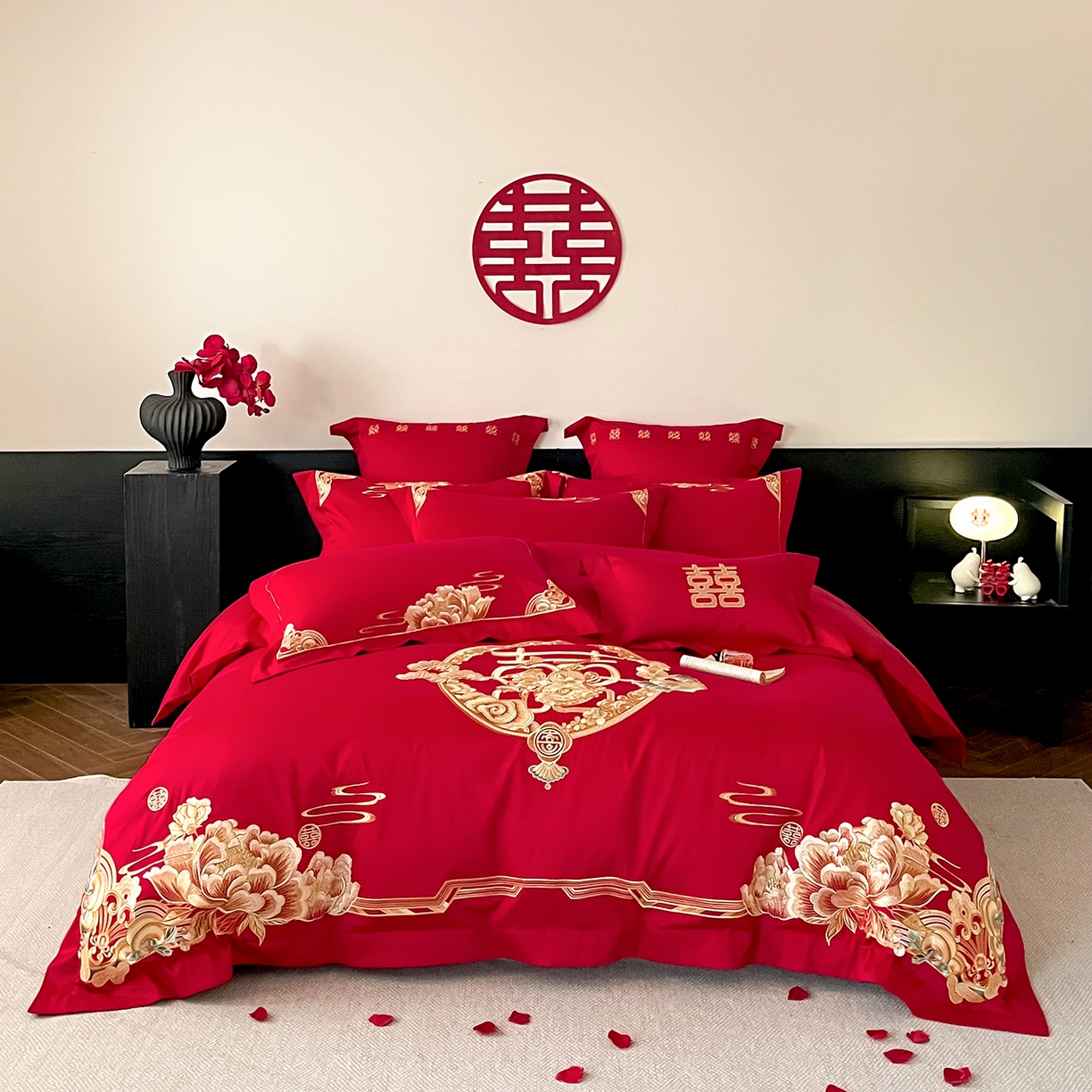 置顶家纺 2026新款新中式亲肤婚庆绣花四件套 金玉满堂-大红