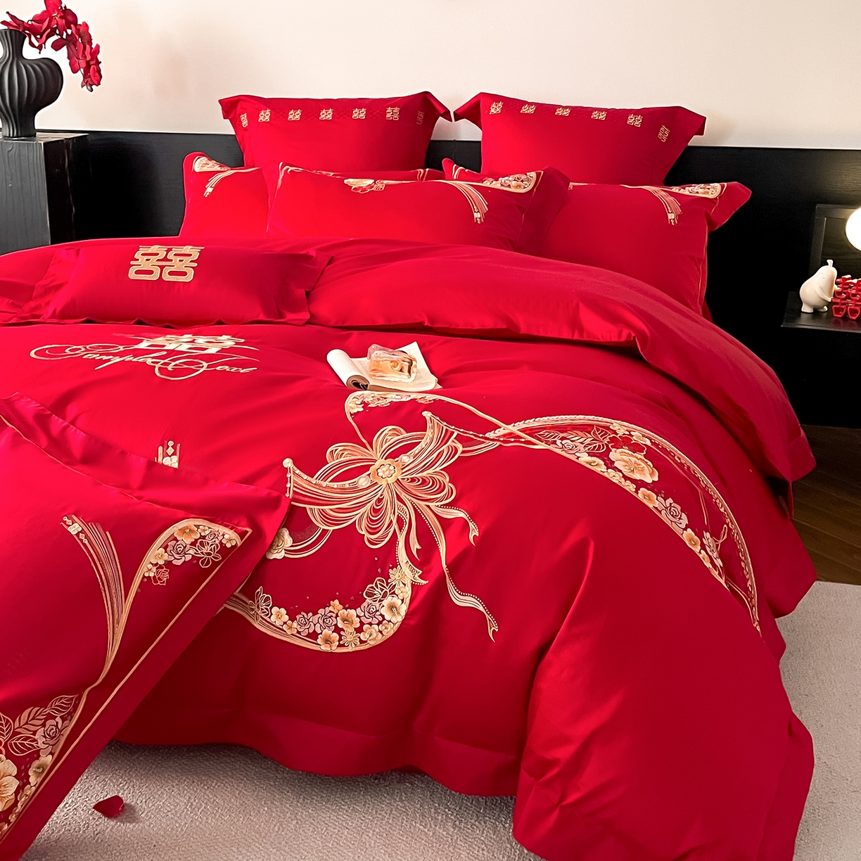 91家纺网 家纺一手货源 找家纺 置顶家纺 2026新款新中式亲肤婚庆绣花四件套 大喜日子-大红