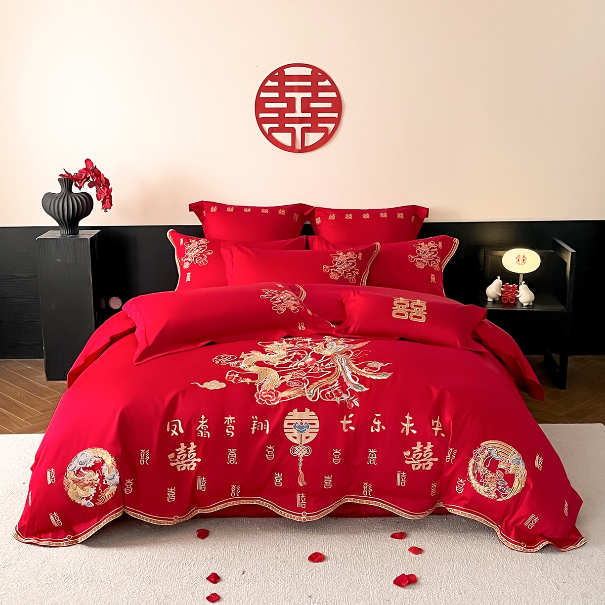 置顶家纺 2026新款新中式亲肤婚庆绣花四件套 喜致福来-大红