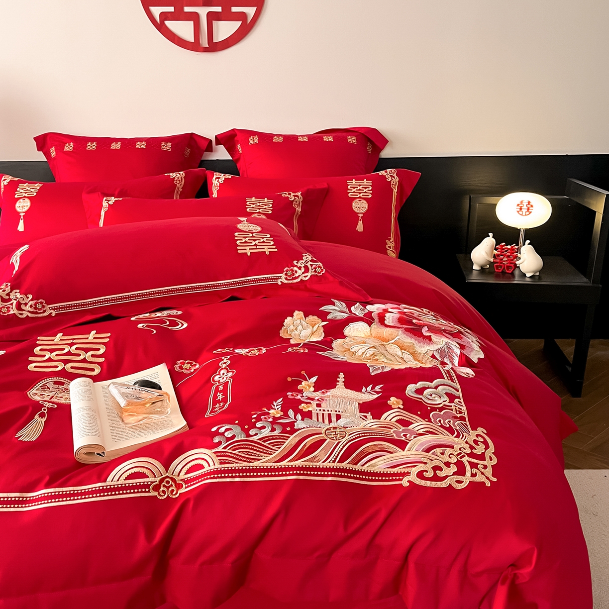 91家纺网 家纺一手货源 找家纺 置顶家纺 2026新款新中式亲肤婚庆绣花四件套 新婚大吉-大红