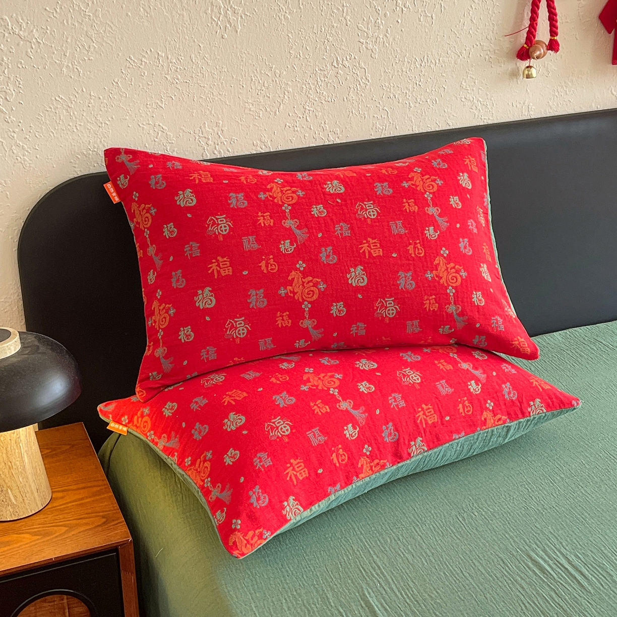 春皖家纺 2026新款全棉色织双层纱提花百福系列拉链款-单枕套 红福马