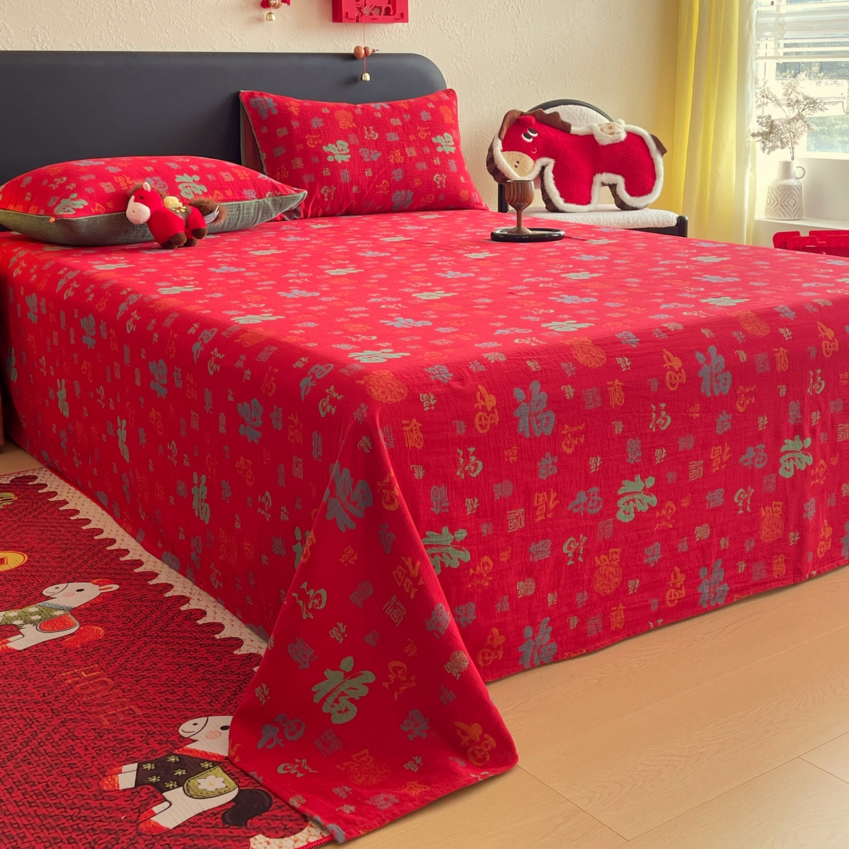 91家纺网 家纺一手货源 找家纺 （总）春皖家纺 2026新款全棉色织双层纱提花百福系列拉链款-单床单