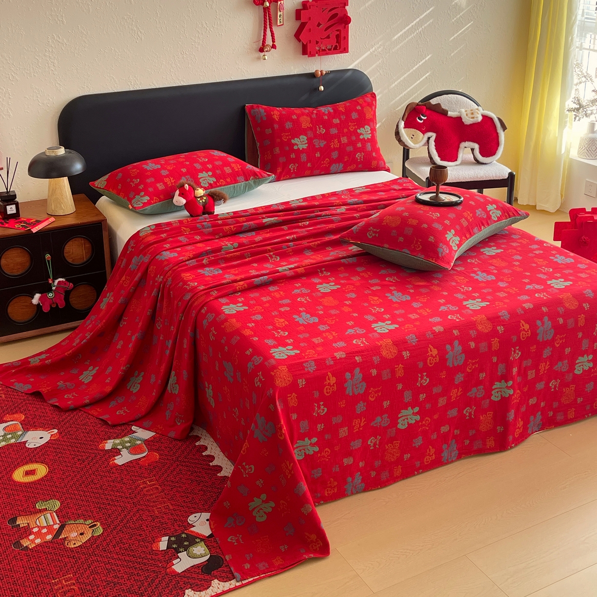 91家纺网 家纺一手货源 找家纺 （总）春皖家纺 2026新款全棉色织双层纱提花百福系列拉链款-单床单