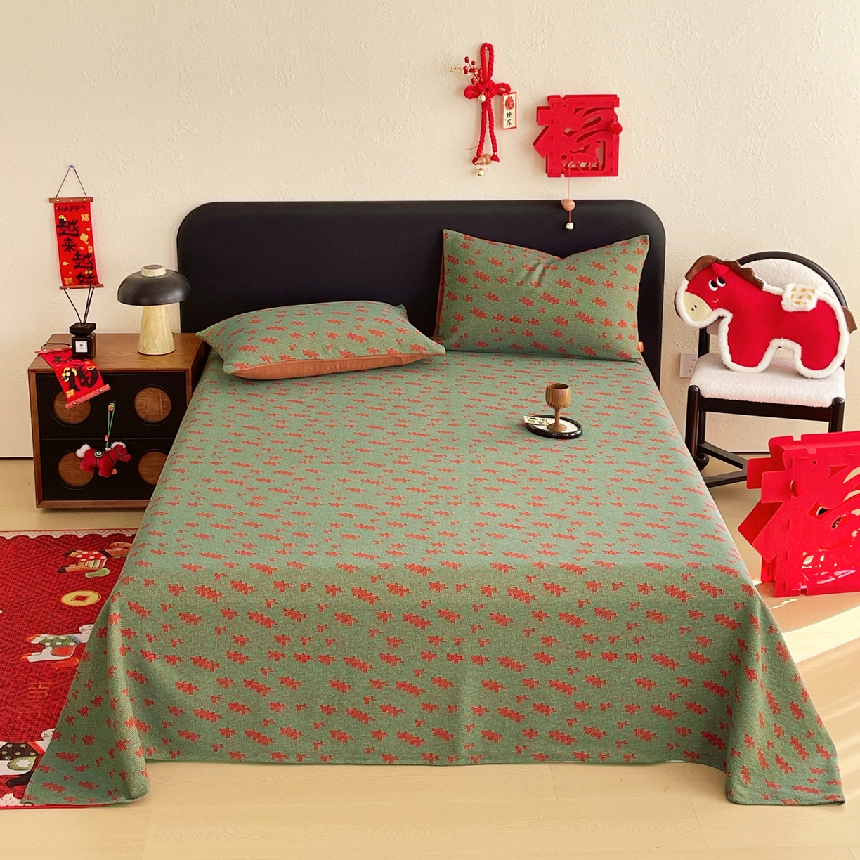 春皖家纺 2026新款全棉色织双层纱提花百福系列拉链款-单床单 绿赤兔