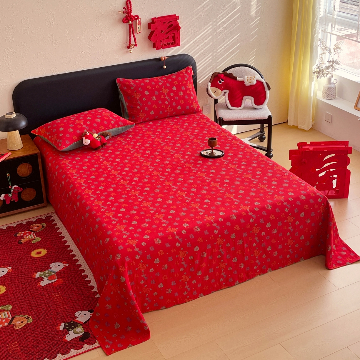 91家纺网 家纺一手货源 找家纺 春皖家纺 2026新款全棉色织双层纱提花百福系列拉链款-单床单 红福马