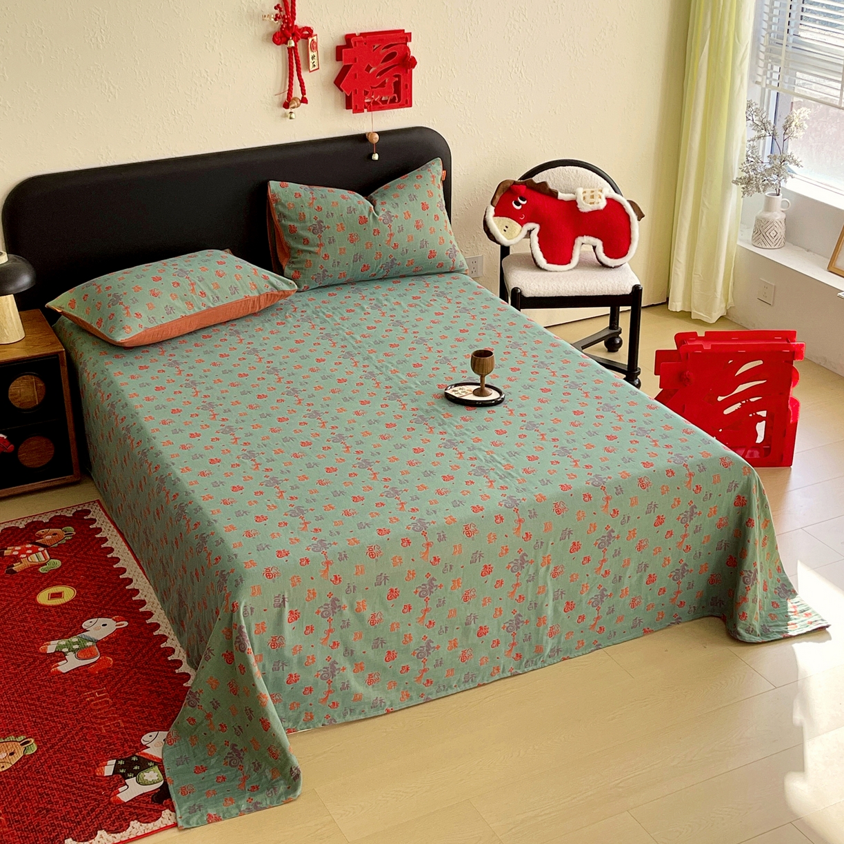 91家纺网 家纺一手货源 找家纺 春皖家纺 2026新款全棉色织双层纱提花百福系列拉链款-单床单 绿福马