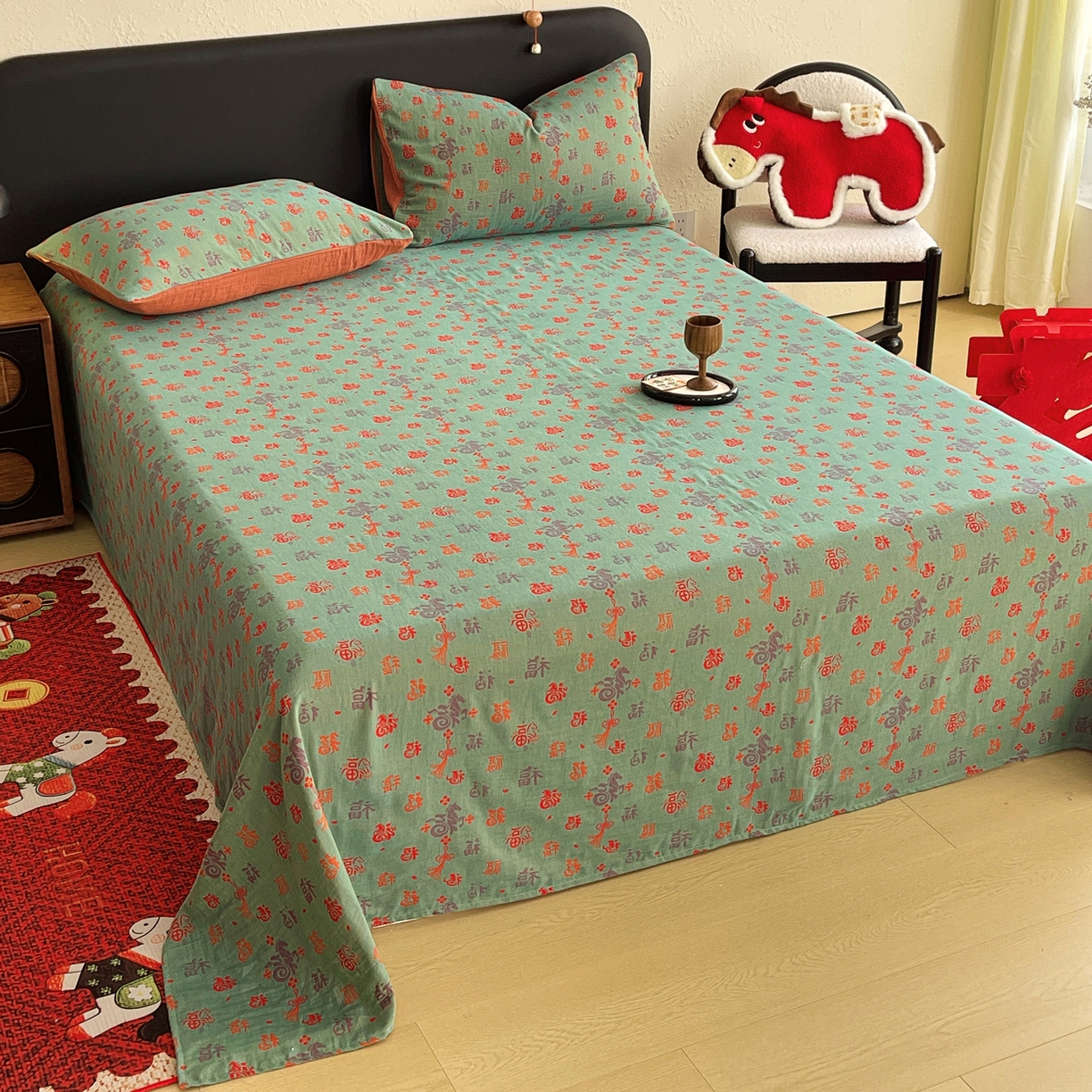 91家纺网 家纺一手货源 找家纺 春皖家纺 2026新款全棉色织双层纱提花百福系列拉链款-单床单 绿福马