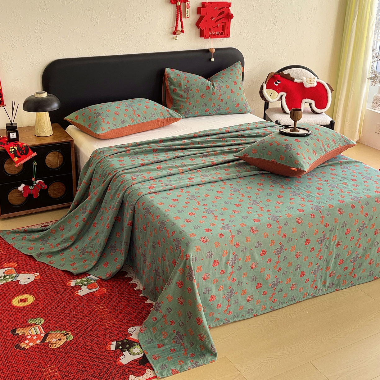 91家纺网 家纺一手货源 找家纺 春皖家纺 2026新款全棉色织双层纱提花百福系列拉链款-单床单 绿福马