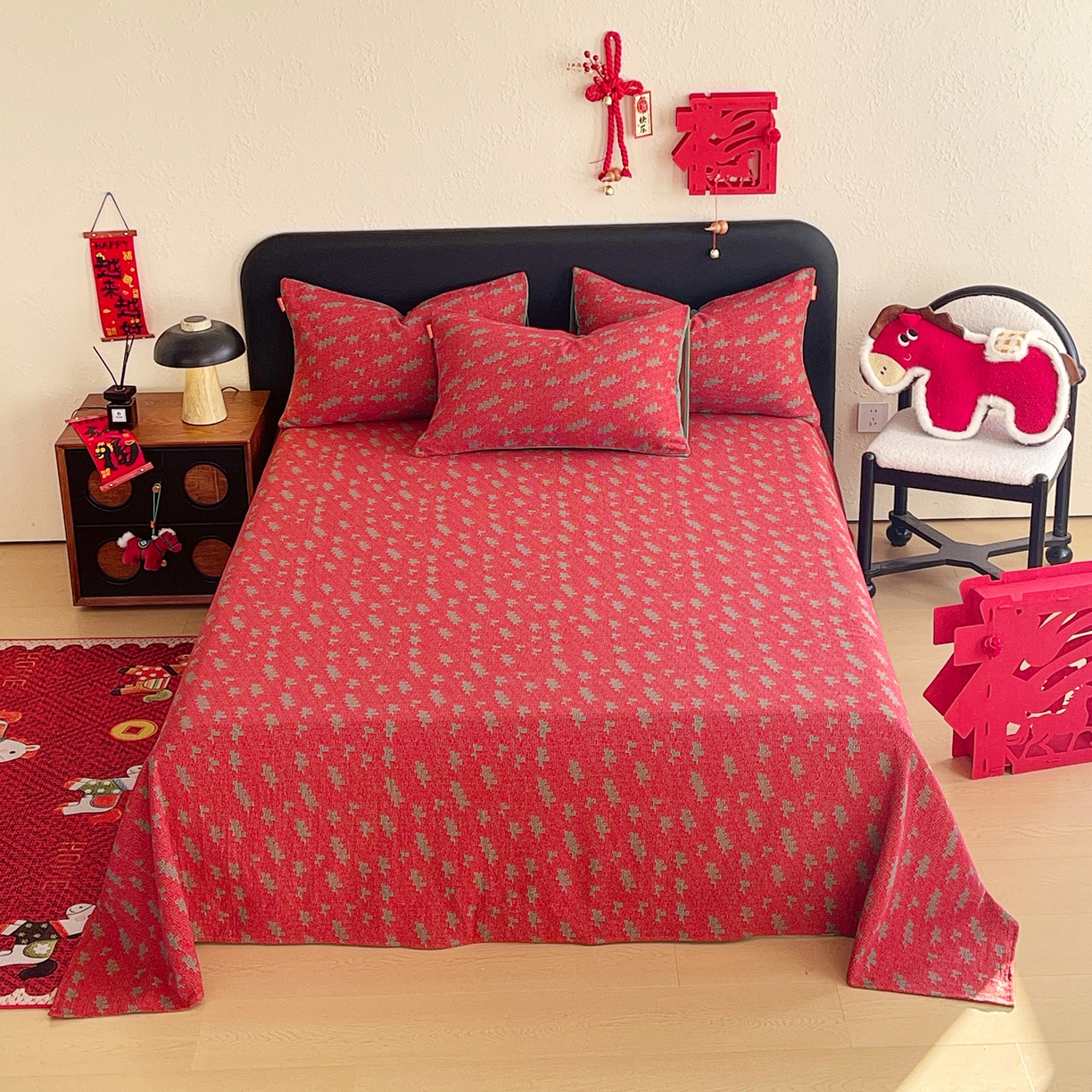 春皖家纺 2026新款全棉色织双层纱提花百福系列拉链款-单床单 红赤兔