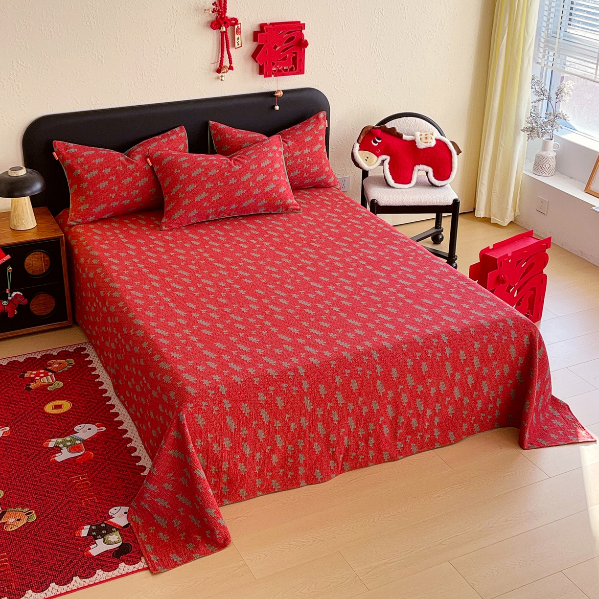 91家纺网 家纺一手货源 找家纺 春皖家纺 2026新款全棉色织双层纱提花百福系列拉链款-单床单 红赤兔