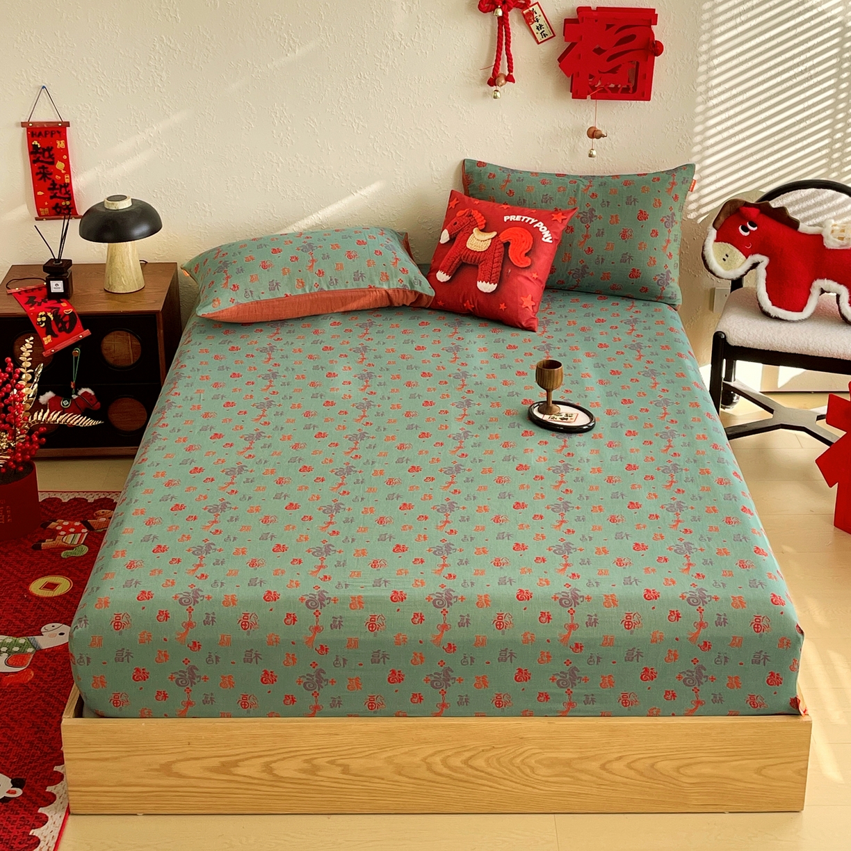 91家纺网 家纺一手货源 找家纺 （总）春皖家纺 2026新款全棉色织双层纱提花百福系列拉链款-单床笠