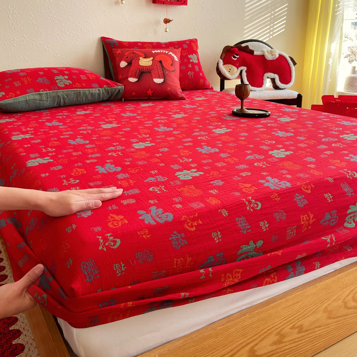 91家纺网 家纺一手货源 找家纺 （总）春皖家纺 2026新款全棉色织双层纱提花百福系列拉链款-单床笠