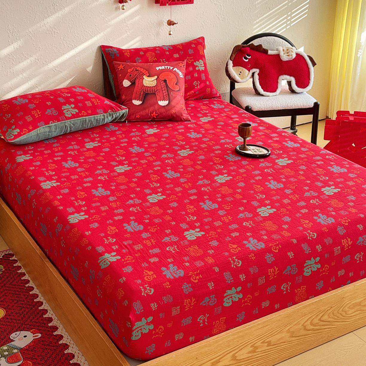 91家纺网 家纺一手货源 找家纺 （总）春皖家纺 2026新款全棉色织双层纱提花百福系列拉链款-单床笠