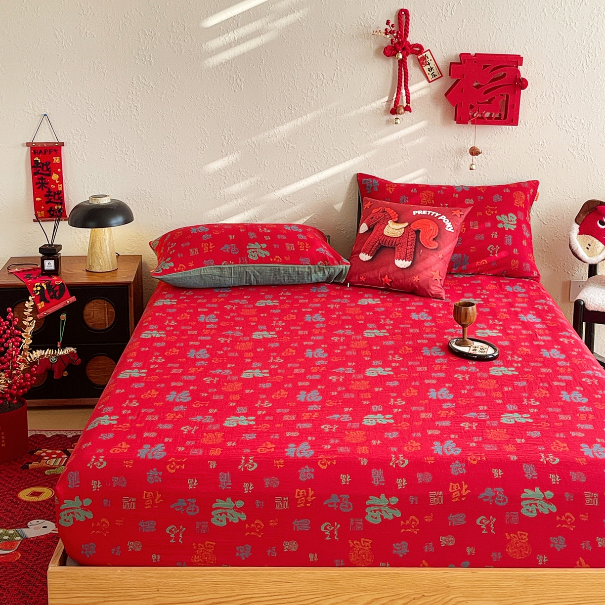 91家纺网 家纺一手货源 找家纺 （总）春皖家纺 2026新款全棉色织双层纱提花百福系列拉链款-单床笠