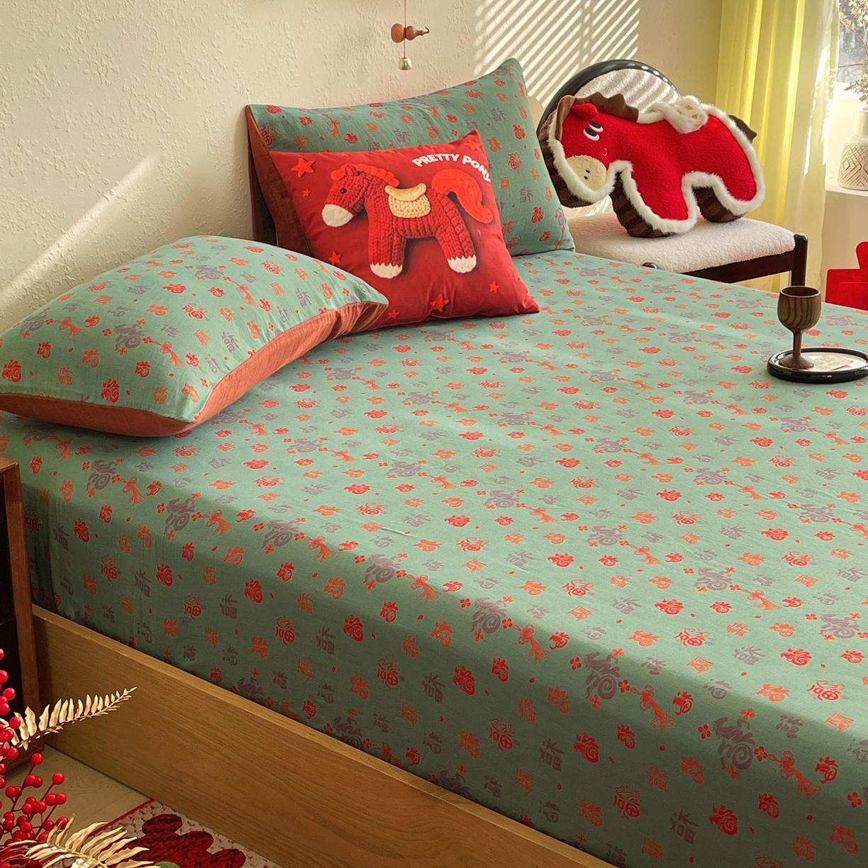 91家纺网 家纺一手货源 找家纺 春皖家纺 2026新款全棉色织双层纱提花百福系列拉链款-单床笠 绿福马