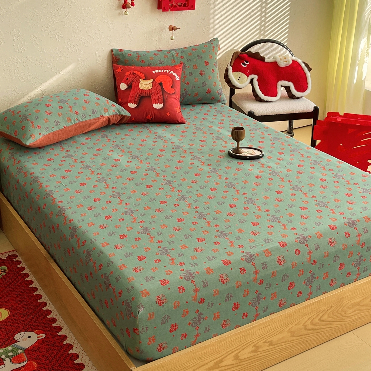 91家纺网 家纺一手货源 找家纺 春皖家纺 2026新款全棉色织双层纱提花百福系列拉链款-单床笠 绿福马