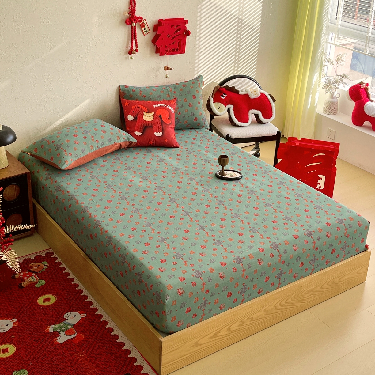 91家纺网 家纺一手货源 找家纺 春皖家纺 2026新款全棉色织双层纱提花百福系列拉链款-单床笠 绿福马