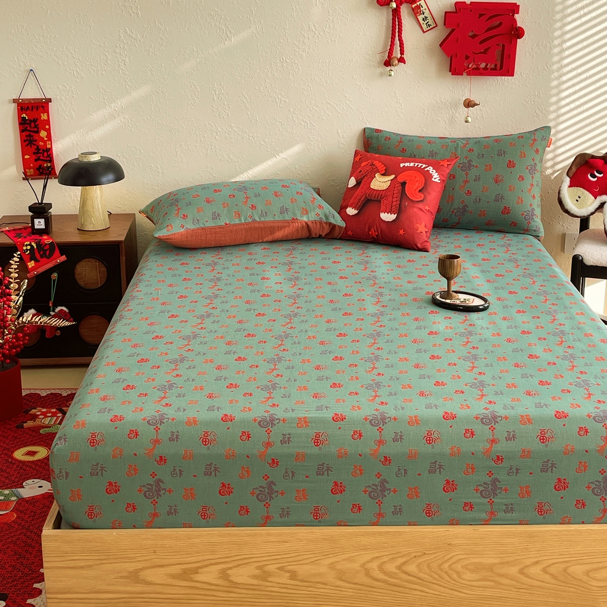 91家纺网 家纺一手货源 找家纺 春皖家纺 2026新款全棉色织双层纱提花百福系列拉链款-单床笠 绿福马